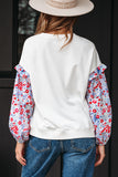 White Floral Ruffled Balloon Sleeve Patchwork Loose Blouse