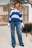Blue Stripe Colorblock Polo Collar Eyelet Crochet Knitted Sweater