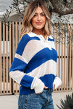 Blue Stripe Colorblock Polo Collar Eyelet Crochet Knitted Sweater