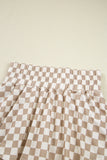 Khaki Checkered Long Sleeve Crop Top High Waist Skort 2pcs Set