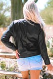 Black Solid Faux Leather Zipper Slim Fit Bomber Jacket