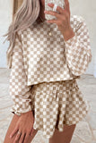 Khaki Checkered Long Sleeve Crop Top High Waist Skort 2pcs Set