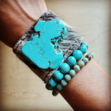 Leather Cuff Gray Hair on Hide with Turquoise Stone
