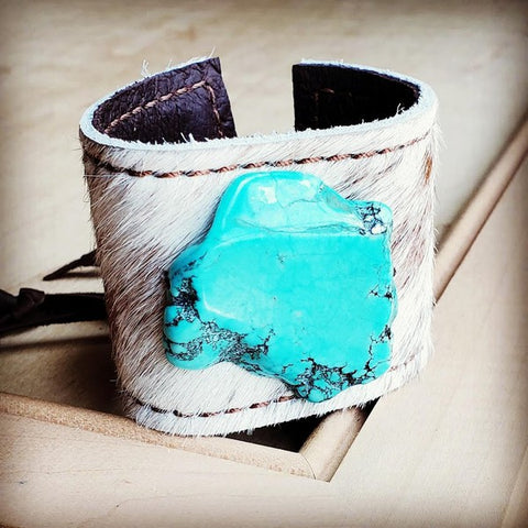 Leather Cuff -Spotted Hair Hide with Turquoise Slab