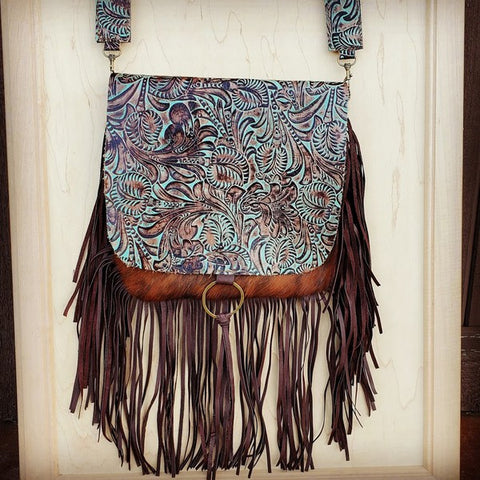 Hair-On-Hide with Turquoise Brown Floral Handbag