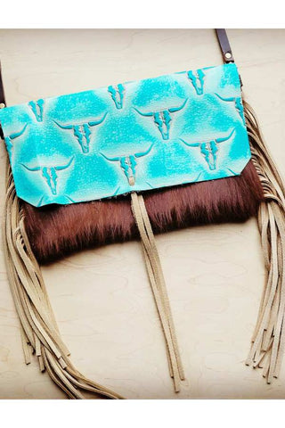 Hair Hide Handbag with Turquoise Steer Head Flap