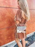 THE DELILAH CROSSBODY purse clutch western cowhide leather: BROWN + TURQUOISE SPECS