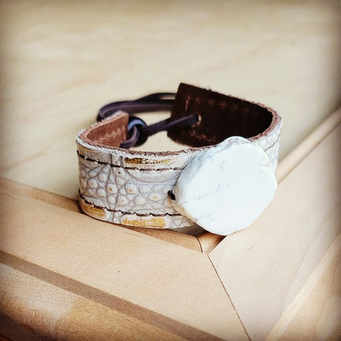 Narrow Leather Cuff with Turquoise Slab-Gold Gator