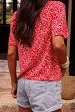 Red Boho Floral Printed Half Sleeve Knotted V Neck Blouse
