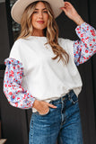 White Floral Ruffled Balloon Sleeve Patchwork Loose Blouse