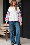 White Floral Ruffled Balloon Sleeve Patchwork Loose Blouse