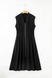 Black Sleeveless Zipped Front V Neck Shirred Waist Maxi Dress