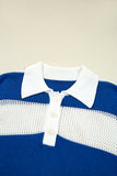 Blue Stripe Colorblock Polo Collar Eyelet Crochet Knitted Sweater