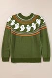 Jungle Green Halloween Ghost Pattern Drop Shoulder Sweater