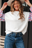 White Floral Ruffled Balloon Sleeve Patchwork Loose Blouse
