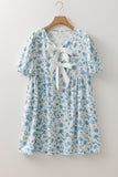 Sky Blue Floral Contrast Bow Puff Sleeve Mini Dress