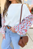 White Floral Ruffled Balloon Sleeve Patchwork Loose Blouse