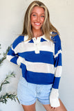 Blue Stripe Colorblock Polo Collar Eyelet Crochet Knitted Sweater