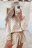 Khaki Checkered Long Sleeve Crop Top High Waist Skort 2pcs Set