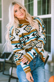 Brown Aztec Striped Knit Ribbed Trim Sweater