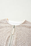 Apricot Sequin Zip up Round Neck Long Sleeve Jacket