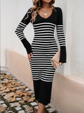 Striped V-Neck Long Sleeve Sweater Dress