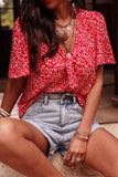 Red Boho Floral Printed Half Sleeve Knotted V Neck Blouse