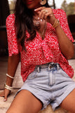 Red Boho Floral Printed Half Sleeve Knotted V Neck Blouse