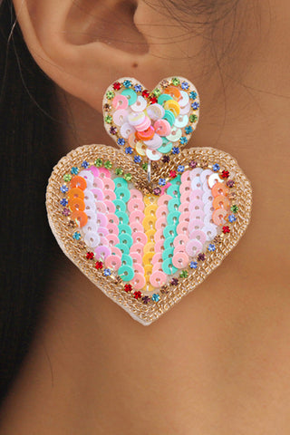 Radiant Romance: Pink Colorful Sequined Hearts Valentines Fashion Earrings