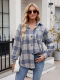 Pocketed Plaid Collared Neck Long Sleeve Shirt