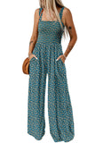 Green Floral Print Smocked High Waist Square Neck Jumpsuit