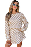 Khaki Checkered Long Sleeve Crop Top High Waist Skort 2pcs Set