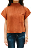 Gold Flame Patch Pocket Ribbed Knit Short Sleeve Sweater