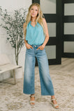 Camellia Split Neck Embroidered Tank in Aqua