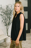 Camellia Split Neck Embroidered Tank in Black