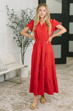 Keep You Coming Balloon Sleeve Tiered Dress in Red