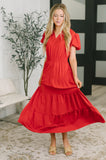 Keep You Coming Balloon Sleeve Tiered Dress in Red