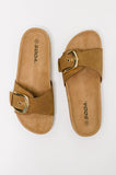 Lizzy Slip On Buckle Strap Sandal in Tan