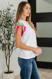 Petals & Poise Floral Flutter Sleeve Top in White