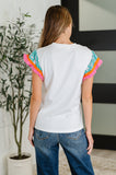 Petals & Poise Floral Flutter Sleeve Top in White