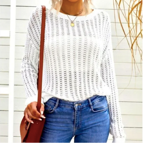 White Hollow-out Drop Shoulder Oversized Knitted Sweater