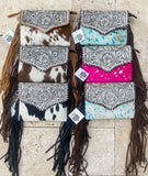 THE DELILAH CROSSBODY purse clutch western cowhide leather: BROWN + TURQUOISE SPECS