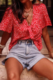 Red Boho Floral Printed Half Sleeve Knotted V Neck Blouse