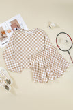 Khaki Checkered Long Sleeve Crop Top High Waist Skort 2pcs Set
