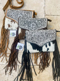 THE DELILAH CROSSBODY purse clutch western cowhide leather: BROWN + TURQUOISE SPECS