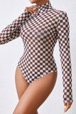 Brown Checkered Printed Long Sleeve High Neck Bodysuit