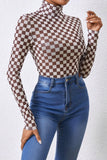 Brown Checkered Printed Long Sleeve High Neck Bodysuit