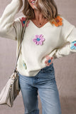 Crochet Flower V-Neck Long Sleeve Sweater