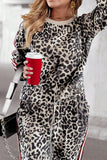 Plus Size Leopard Round Neck Top and Pants Set