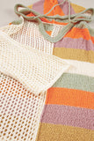 Beige Oversized Colorblock V Neck Hooded Sweater